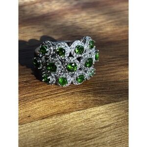 Green Chrome Diopside Sterling Silver Ring Triple Row Sz 9